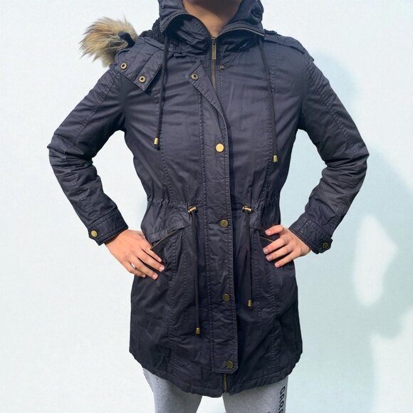 French Connection Womens Black Hooded Parka Coat With Faux Fur Trim & Drawstring - Picture 1 of 3